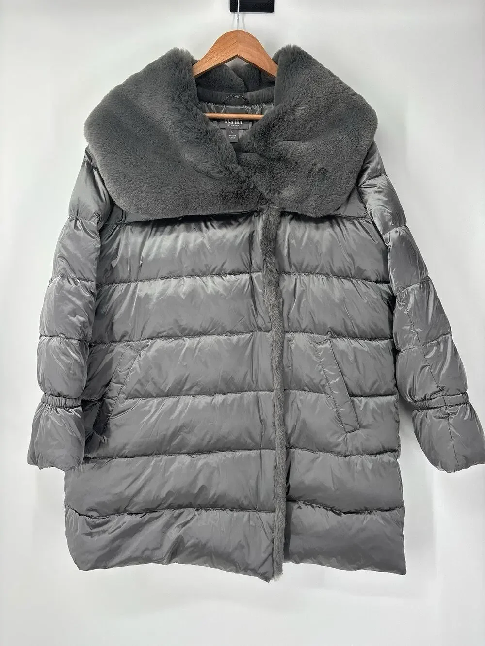 Martha Stewart Metallic Puffer Coat with Faux Fur Details Womens L Silver